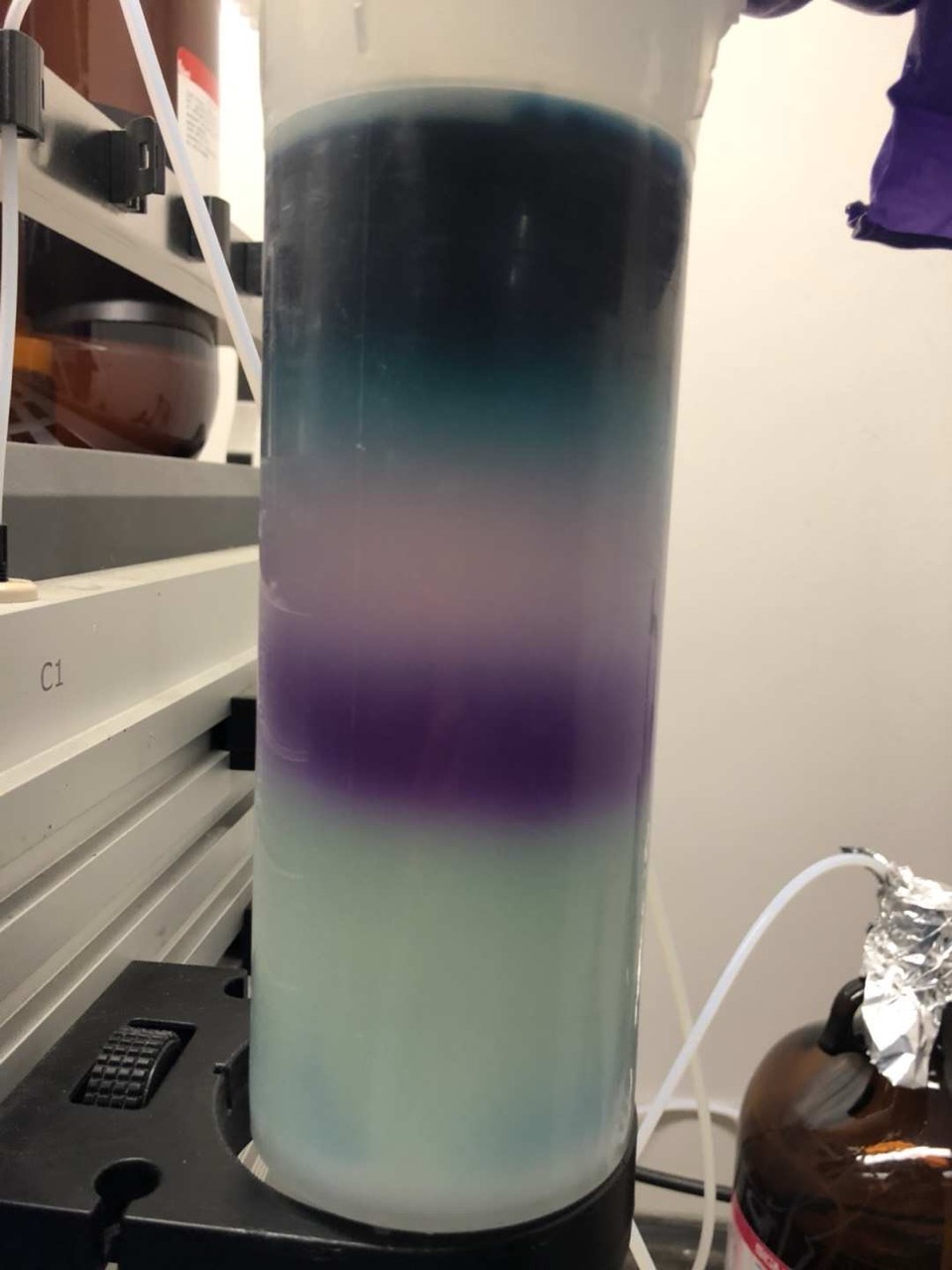 A laboratory separation column with colored bands